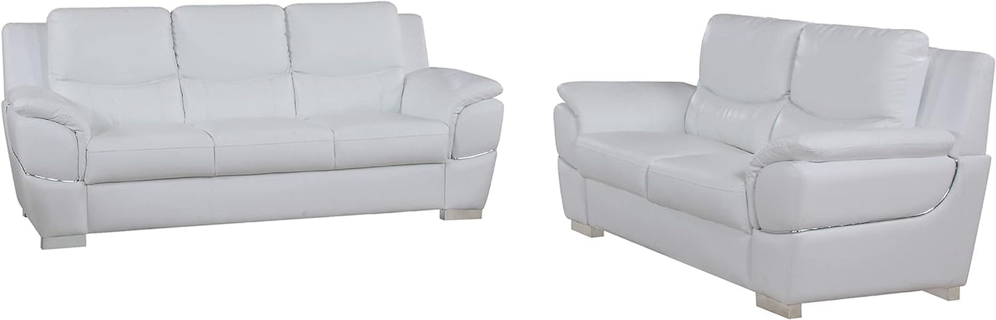 Binion Modern Leather 2 Piece Couch Set for Living Room with Padded Headrests, Stainless Steel Legs & Accent Chrome Trim, Loveseat, Sofa, White