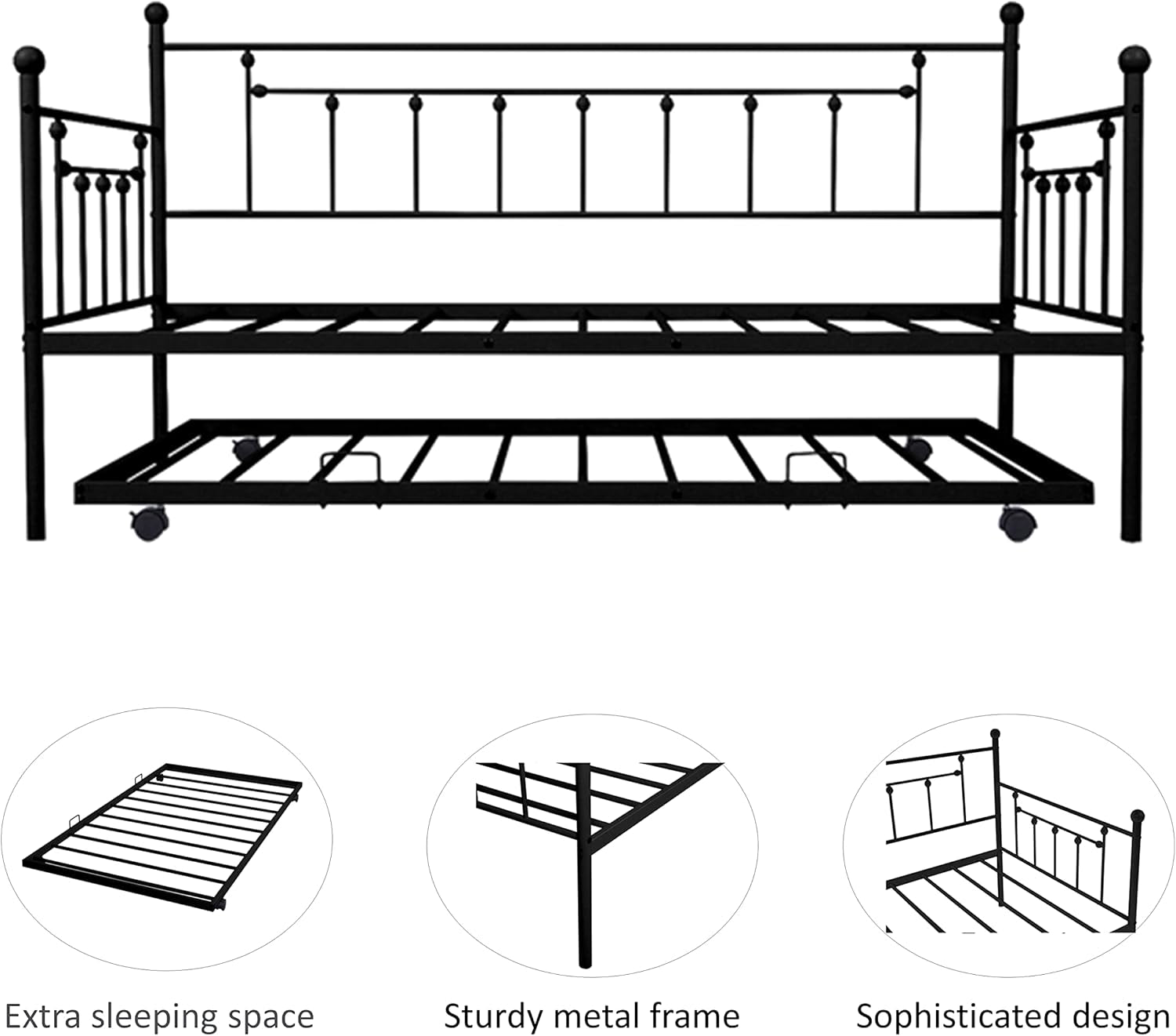 Twin Size Metal Frame Daybed with Trundle,Heavy Duty Steel Slat Support Saving Space Bed Sofa,Bedroom Living Room Furniture for Guest,No Spring Box Needed Black, Black