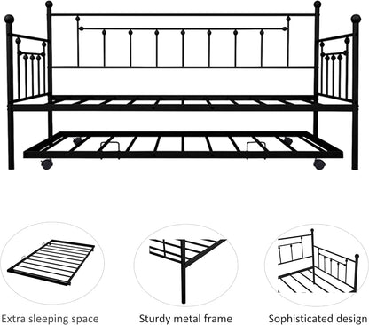 Twin Size Metal Frame Daybed with Trundle,Heavy Duty Steel Slat Support Saving Space Bed Sofa,Bedroom Living Room Furniture for Guest,No Spring Box Needed Black, Black