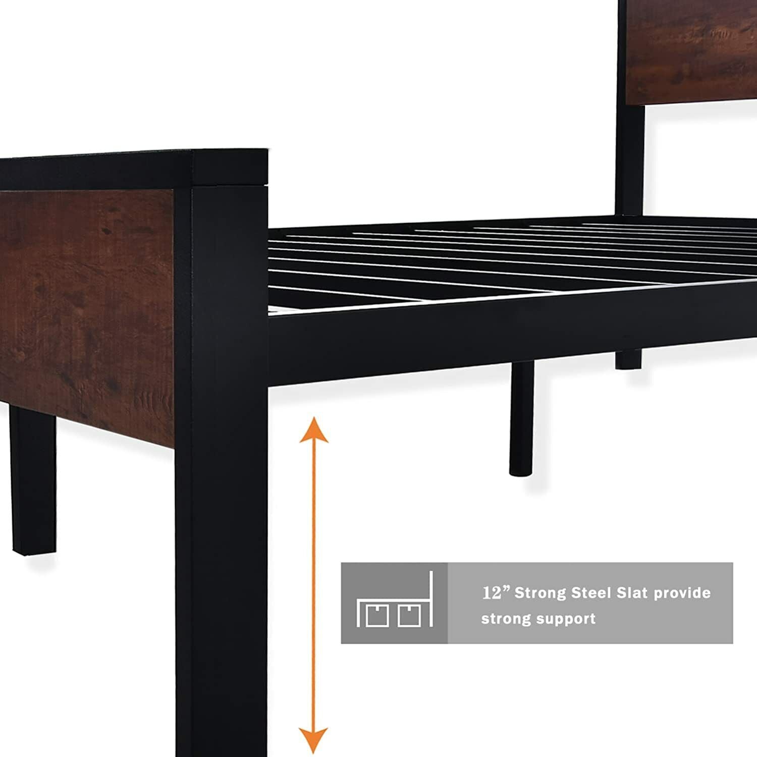 King Size Metal Platform Bed Frame with Wooden Headboard & Footboard,Maho