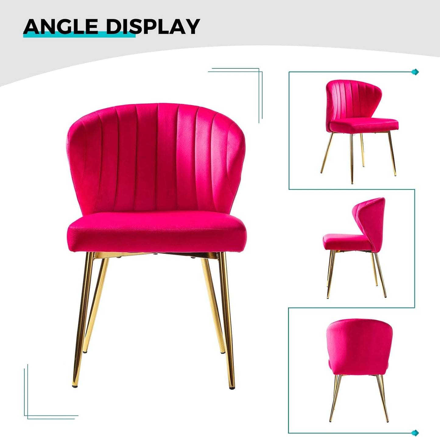 Modern Living Dining Room Chairs, Small Velvet Accent Chair with Golden Metal Legs, Upholstered Cute Tufted Back Side Chair for Kitchen Vanity Patio Beauty Room/Fuchsia