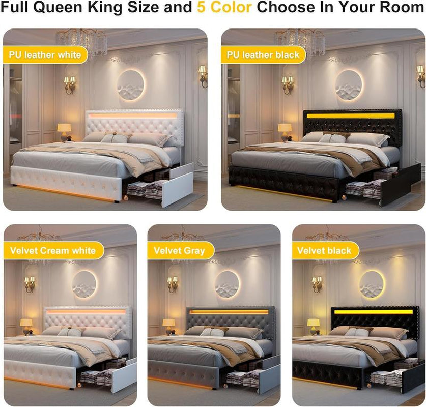 Queen LED Smart Bed Frame with 4 Storage Drawers, RGBW LED Lights Headboard & Footboard, DIY Color Control, Box Spring Optional, PU Leather Black