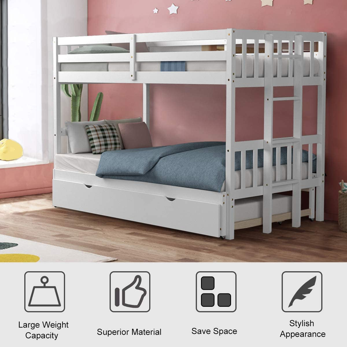 Twin over Pull-Out Bunk Bed with Trundle, Extendable Twin/Full/Queen/King Bunk Bed, Solid Wood Bunk Bed with Ladder and Safety Rail, Wooden Bunk Beds for Kids Adults Teens, White