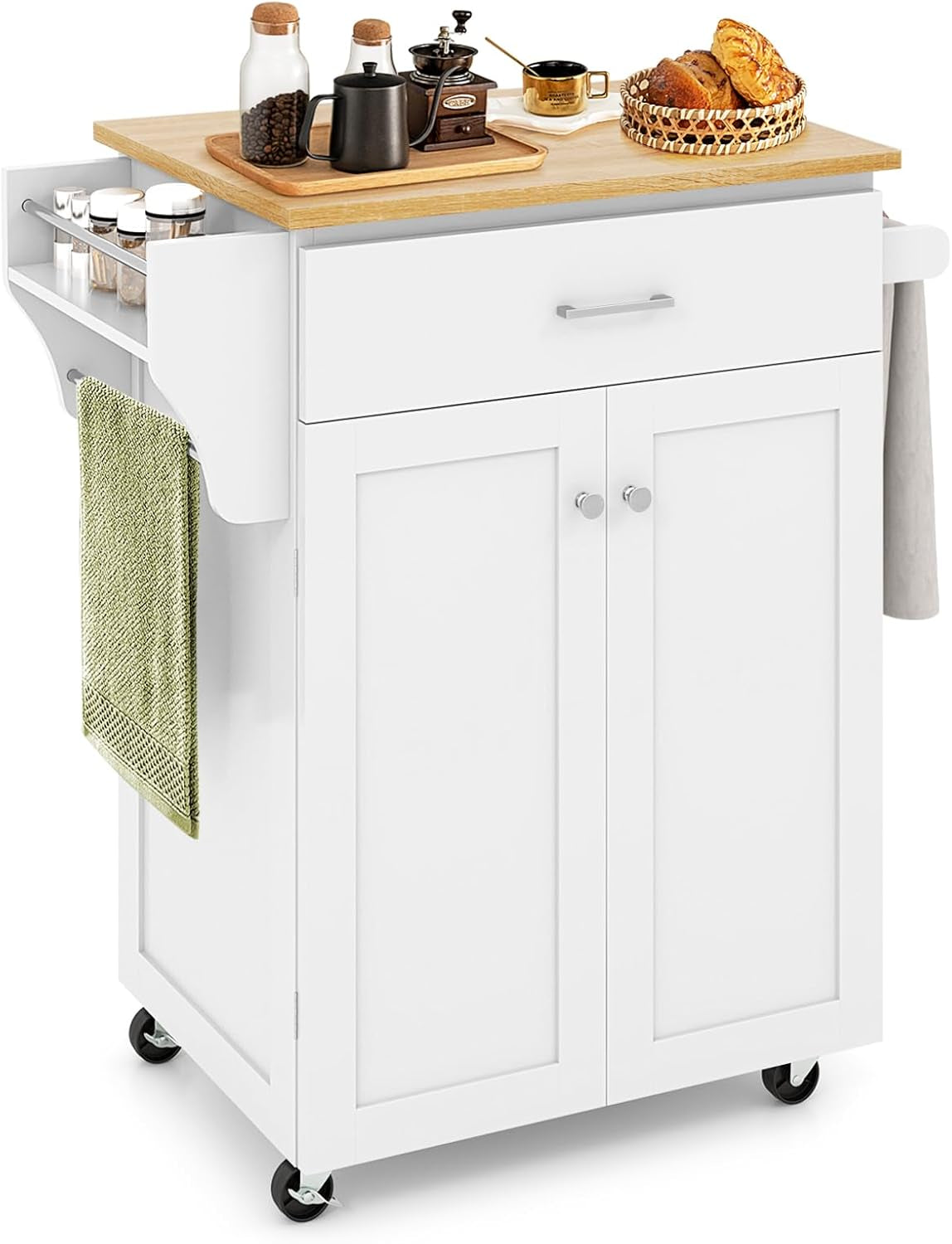 Rolling Kitchen Island, Kitchen Trolley Cart with Spice Rack, Large Drawer, Towel Rack, Storage Pantry Cabinet with Adjustable Shelf, Kitchen Cart on Wheels, Dining Room Furniture (White)