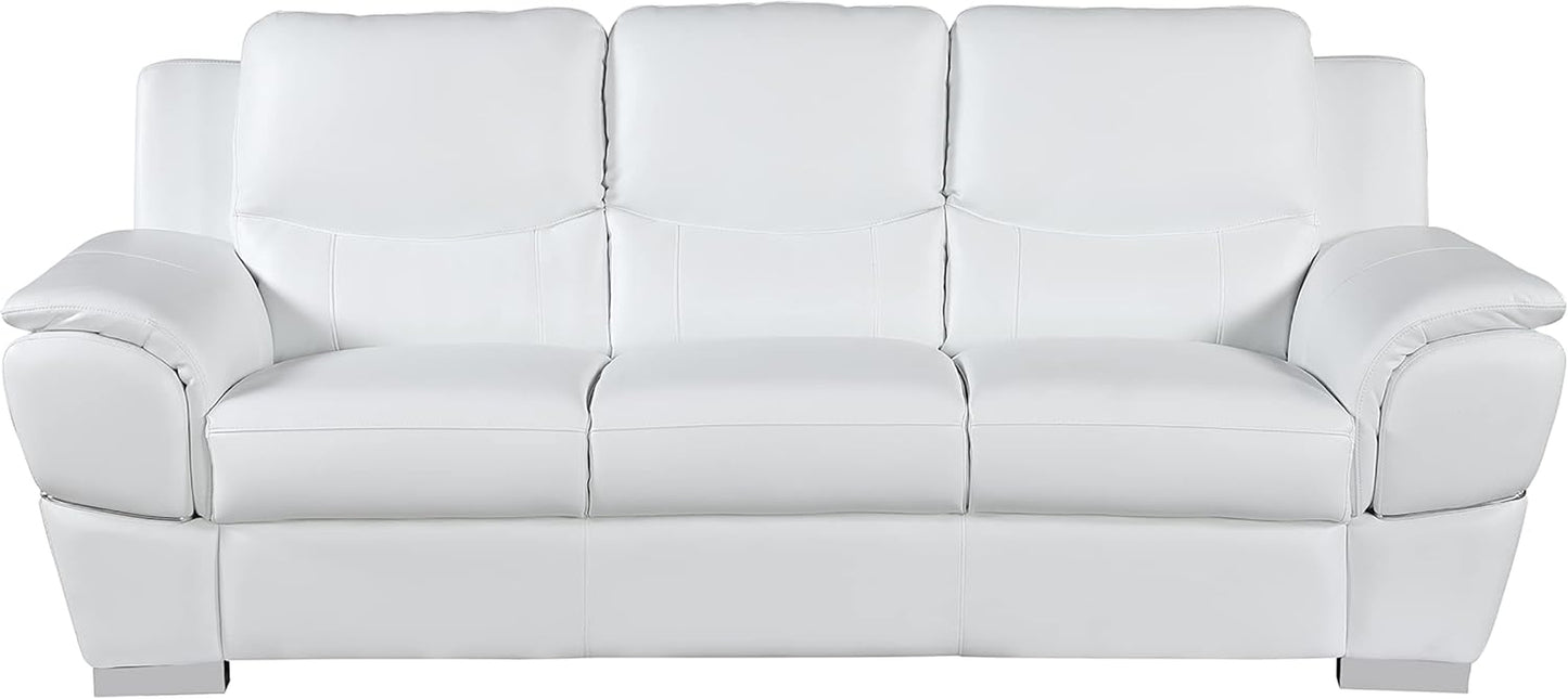 Binion Modern Leather 2 Piece Couch Set for Living Room with Padded Headrests, Stainless Steel Legs & Accent Chrome Trim, Loveseat, Sofa, White