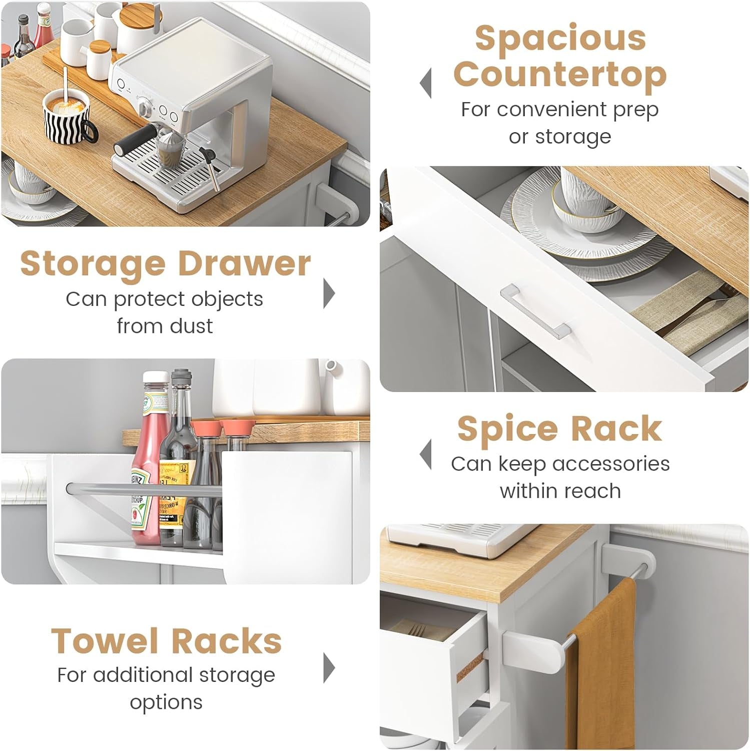 Rolling Kitchen Island, Kitchen Trolley Cart with Spice Rack, Large Drawer, Towel Rack, Storage Pantry Cabinet with Adjustable Shelf, Kitchen Cart on Wheels, Dining Room Furniture (White)