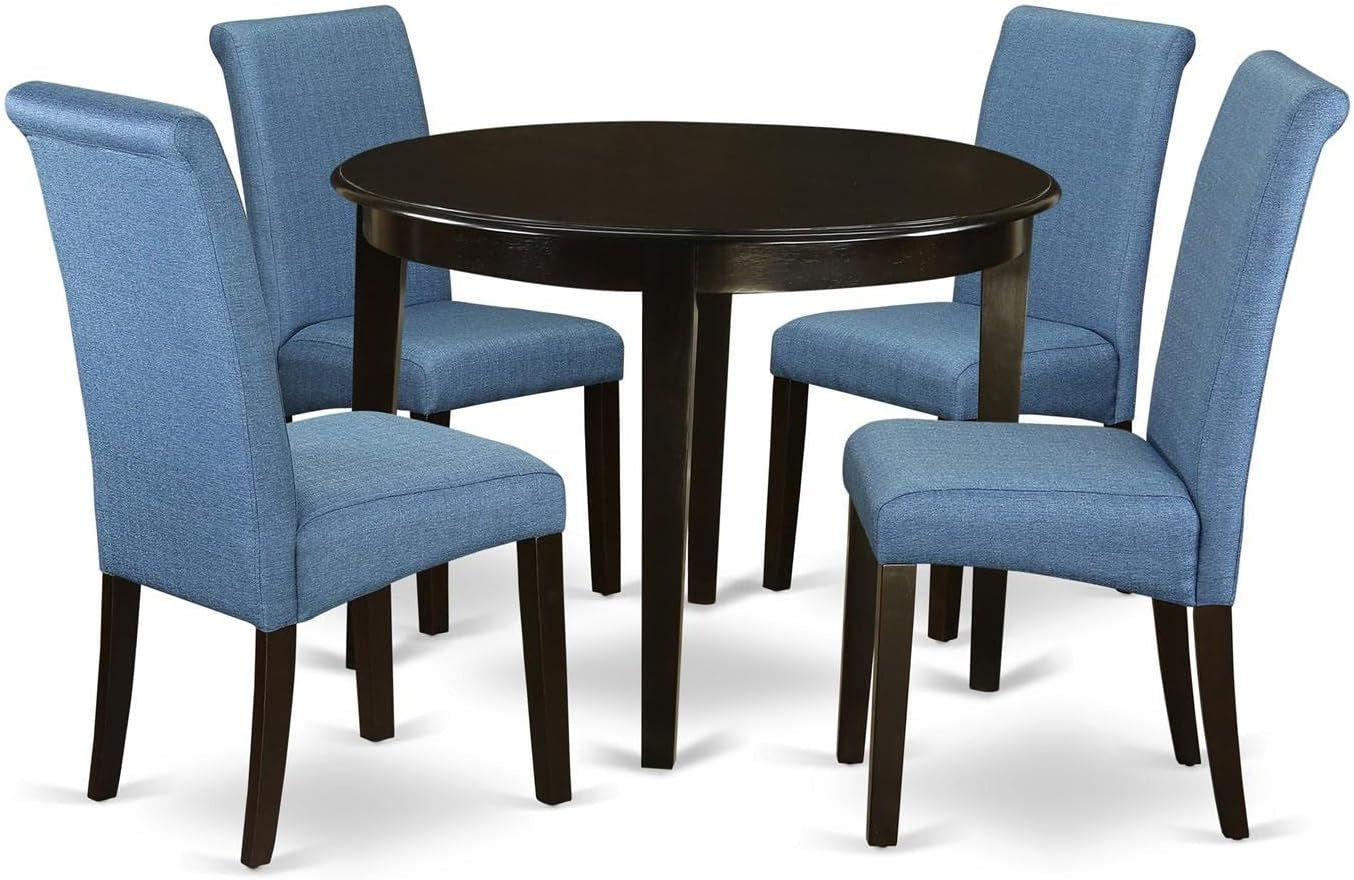 BOBA5-CAP-21 5 Piece Kitchen Table & Chairs Set Includes a round Dining Room Table and 4 Blue Color Linen Fabric Parsons Dinette Chairs, 42X42 Inch, Cappuccino