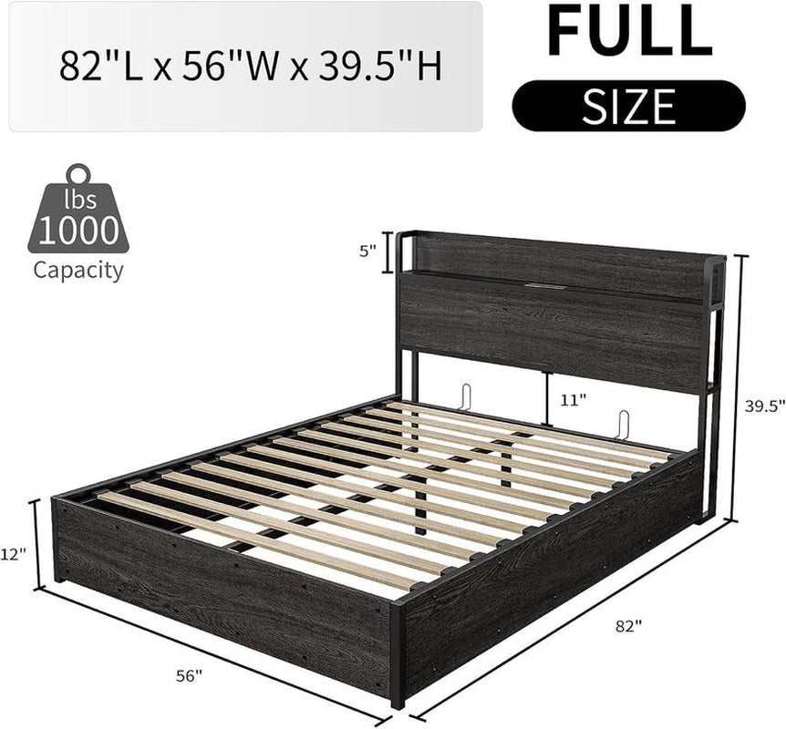 AMERLIFE Full Size Lift up Storage Bed, Wood Platform Bed Frame with Storage Headboard & Charging Station, No Box Spring Needed, Easy Assembly