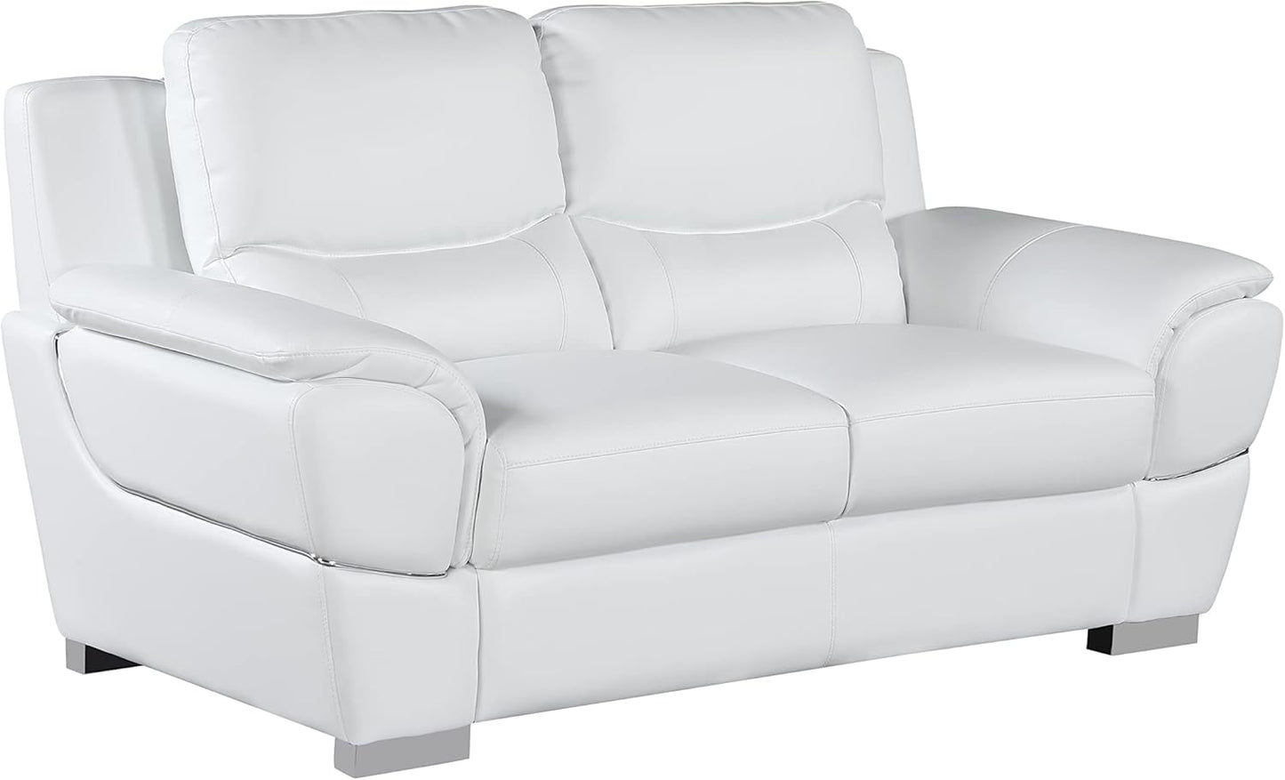 Binion Modern Leather 2 Piece Couch Set for Living Room with Padded Headrests, Stainless Steel Legs & Accent Chrome Trim, Loveseat, Sofa, White