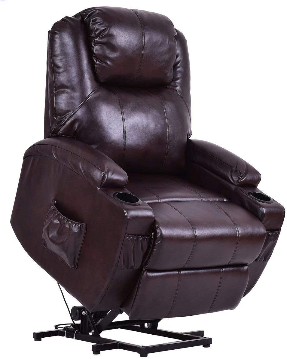 Power Lift Recliner Chair for Elderly, Faux Leather Electric Recliner W/Massage and Heating, 3 Positions, Side Pockets and Cup Holders, USB Ports, Remote Control, Motorized Home Theater Seat