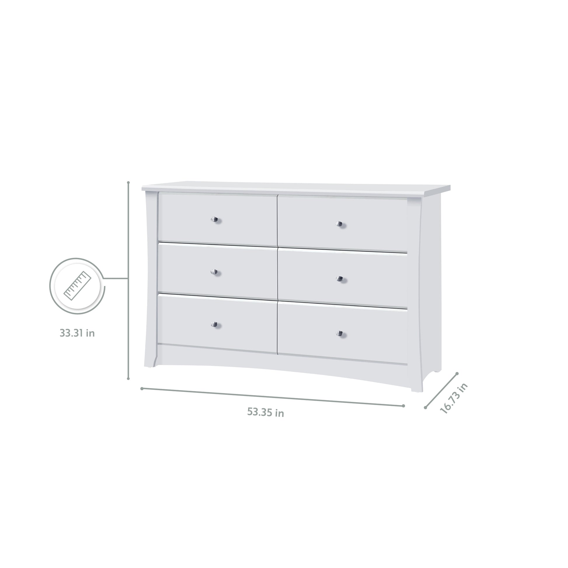 Crescent 6 Drawer Nursery Double Dresser, White