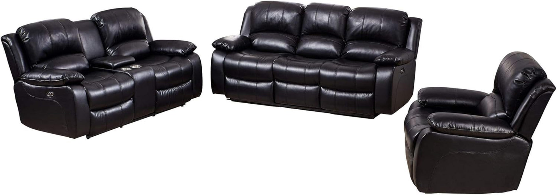 Power Reclining Bonded Leather Living Room Set (Black, Sofa+Loveseat+Chair)