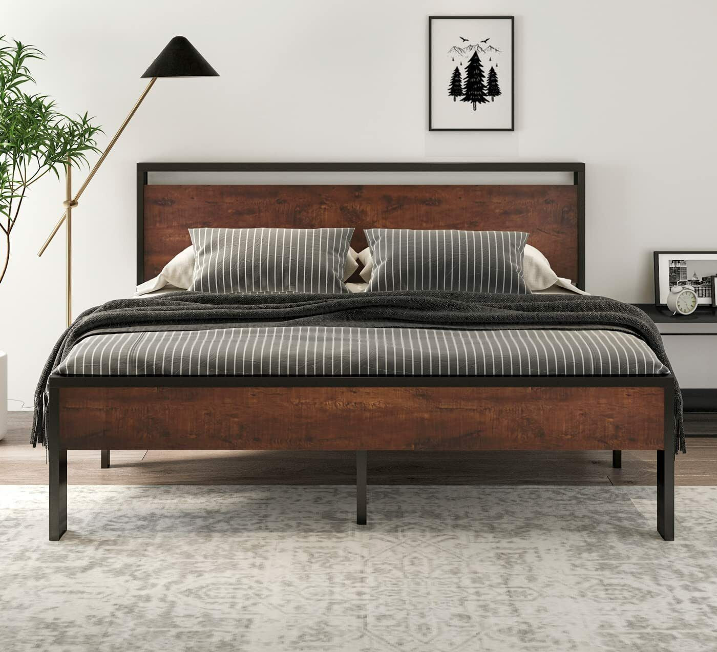 King Size Metal Platform Bed Frame with Wooden Headboard & Footboard,Maho