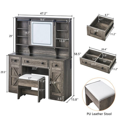 AMERLIFE Farmhouse 47.2" Makeup Vanity Desk with Charging Station, Vanity Set with Stool & Sliding Mirror & 3 Brightness Lights, Glass Desktop