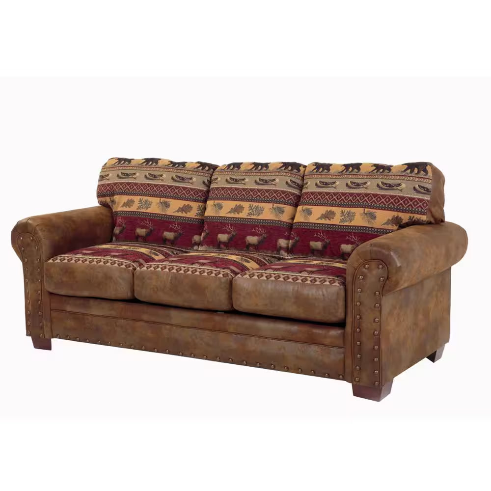 Sierra Lodge 88 In. Brown/Red Pattern Microfiber 4-Seater English Rolled Arm Sofa with Nailheads