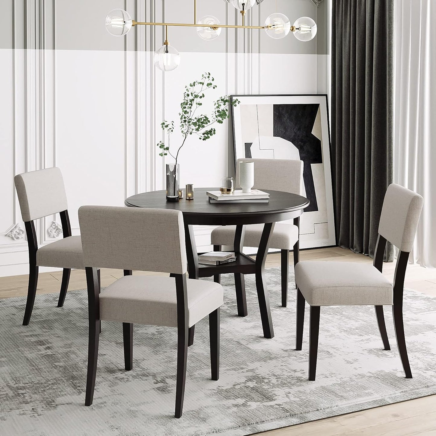 5-Piece Dining Set, round Bottom Shelf, 4 Upholstered Chairs, Ideal for Kitchen, Dinning Room and Bar Table, Espresso, Beige