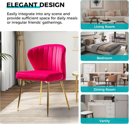 Modern Living Dining Room Chairs, Small Velvet Accent Chair with Golden Metal Legs, Upholstered Cute Tufted Back Side Chair for Kitchen Vanity Patio Beauty Room/Fuchsia