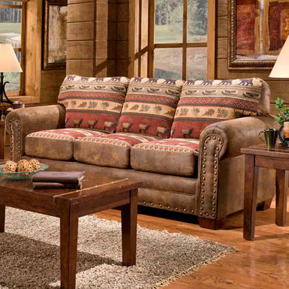 Sierra Lodge 88 In. Brown/Red Pattern Microfiber 4-Seater English Rolled Arm Sofa with Nailheads