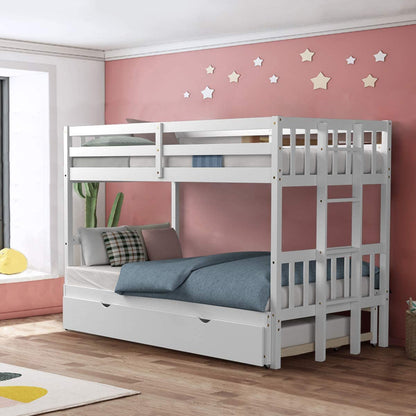 Twin over Pull-Out Bunk Bed with Trundle, Extendable Twin/Full/Queen/King Bunk Bed, Solid Wood Bunk Bed with Ladder and Safety Rail, Wooden Bunk Beds for Kids Adults Teens, White