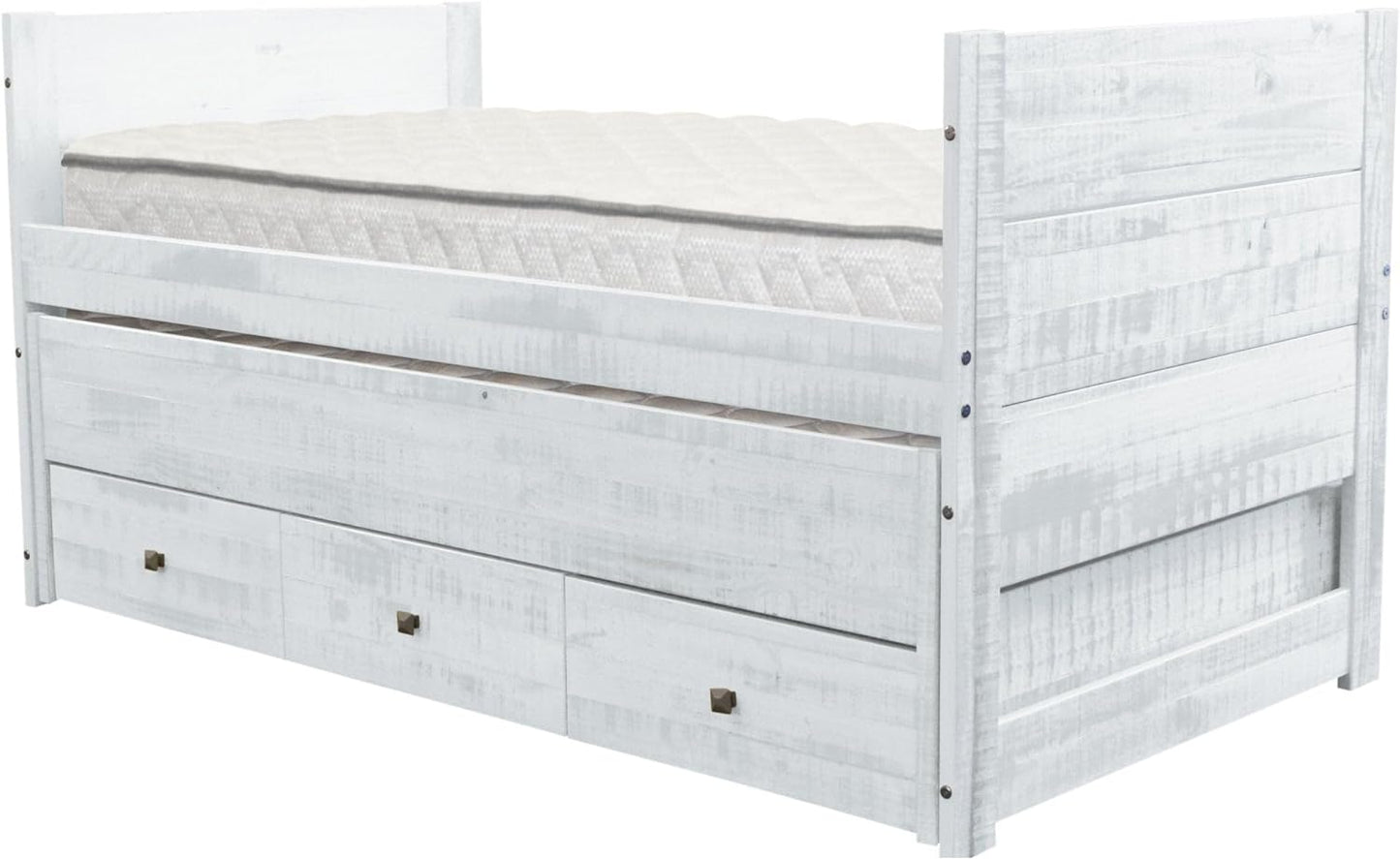 All in One Twin Bed with Twin Trundle and 3 Built in Drawers, Rustic White