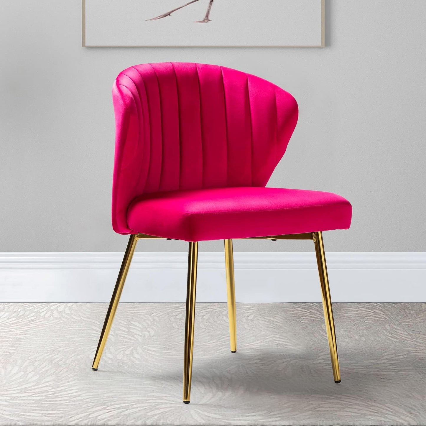 Modern Living Dining Room Chairs, Small Velvet Accent Chair with Golden Metal Legs, Upholstered Cute Tufted Back Side Chair for Kitchen Vanity Patio Beauty Room/Fuchsia