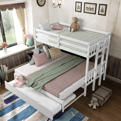 Twin over Pull-Out Bunk Bed with Trundle, Extendable Twin/Full/Queen/King Bunk Bed, Solid Wood Bunk Bed with Ladder and Safety Rail, Wooden Bunk Beds for Kids Adults Teens, White