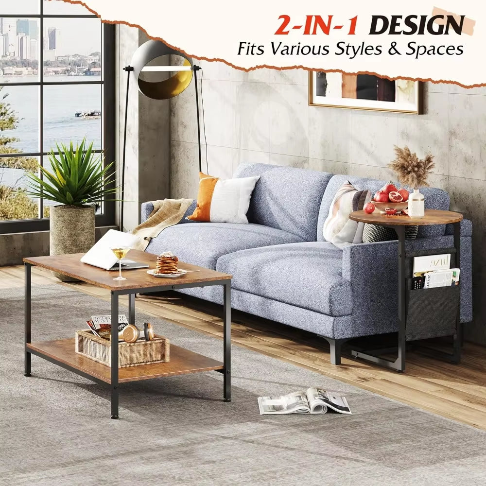 Coffee Table, 2 in 1 Design Nesting Coffee Table with Side Pouch for Living Room, Small round and Rectangular Living Room