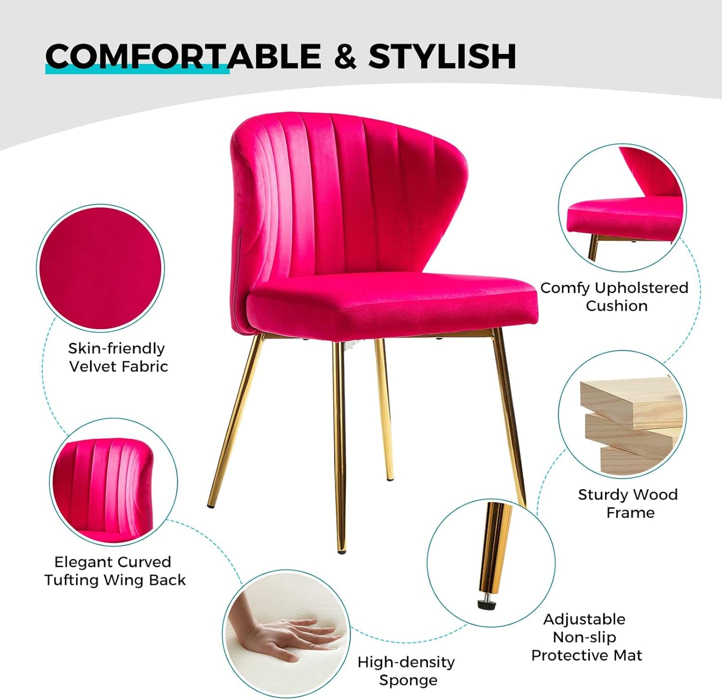 Modern Living Dining Room Chairs, Small Velvet Accent Chair with Golden Metal Legs, Upholstered Cute Tufted Back Side Chair for Kitchen Vanity Patio Beauty Room/Fuchsia