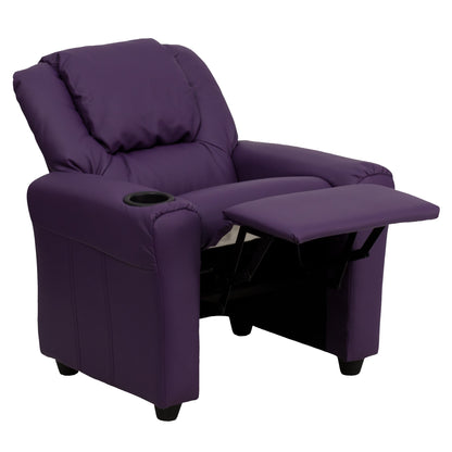 Vana Contemporary Purple Vinyl Kids Recliner with Cup Holder and Headrest