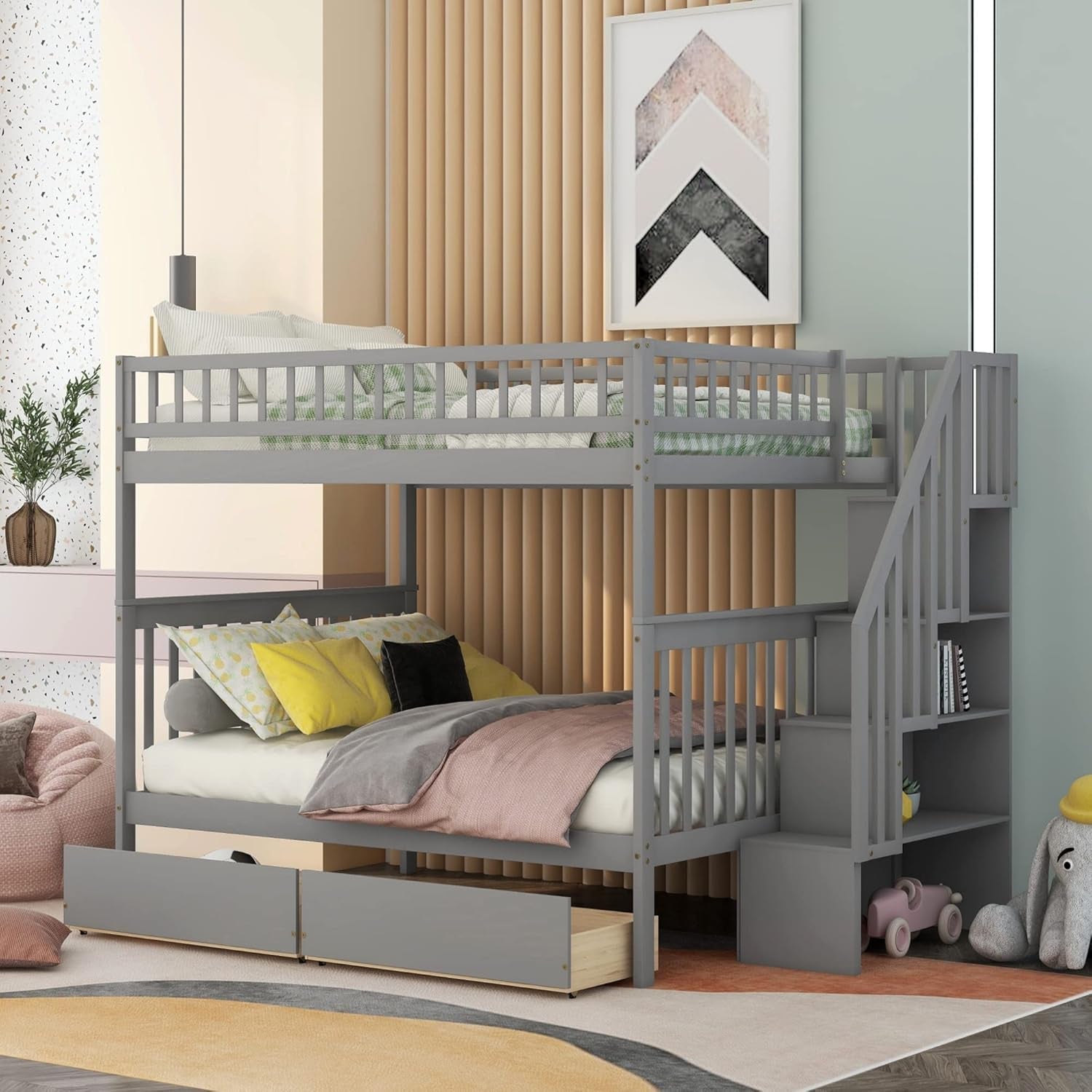 Stairway Bunk Beds Full over Full, Wooden Full Bunk Bed with Steps and 2 Drawers, Bunk Beds Frame with Shelves Storage for Kids(Grey)