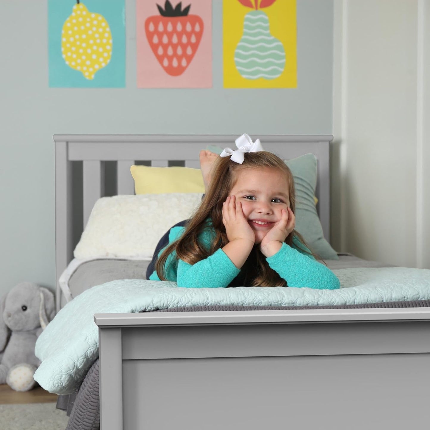 Twin Bed, Wood Bed Frame with Headboard for Kids with Trundle, Slatted, Grey