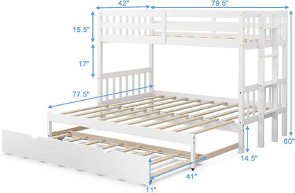 Twin over Pull-Out Bunk Bed with Trundle, Extendable Twin/Full/Queen/King Bunk Bed, Solid Wood Bunk Bed with Ladder and Safety Rail, Wooden Bunk Beds for Kids Adults Teens, White