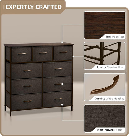 Dresser with 9 Drawers - Furniture Storage Chest Tower Unit for Bedroom, Hallway, Closet, Office Organization - Steel Frame, Wood Top, Easy Pull Fabric Bins (Brown)