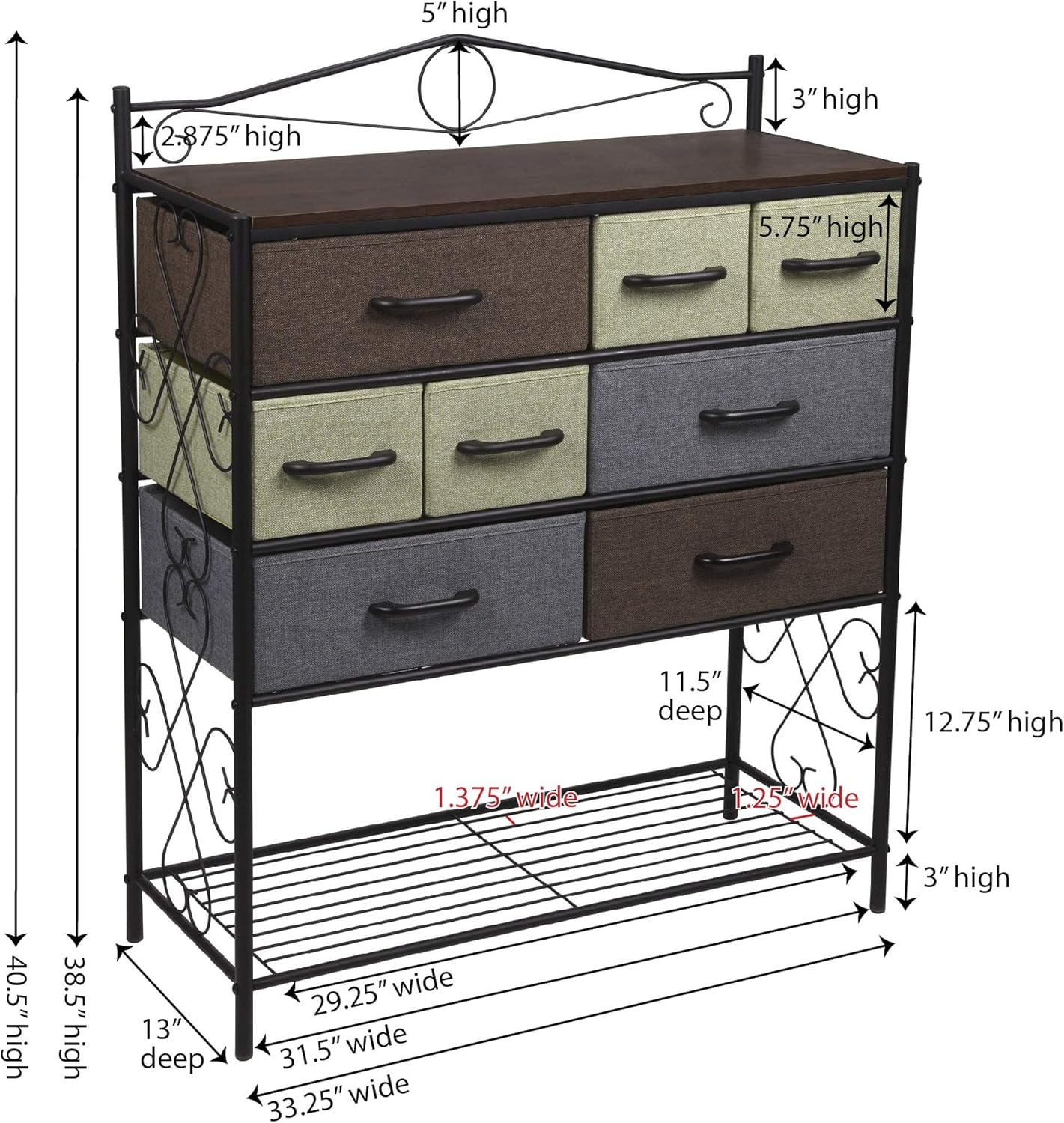 Victoria Dresser Table Storage Organizer with 8 Multi Color Drawers and Shoe Shelf Black Metal Frame and Walnut Wood Grain Top