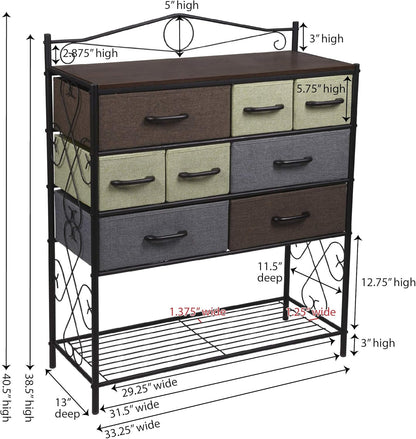 Victoria Dresser Table Storage Organizer with 8 Multi Color Drawers and Shoe Shelf Black Metal Frame and Walnut Wood Grain Top