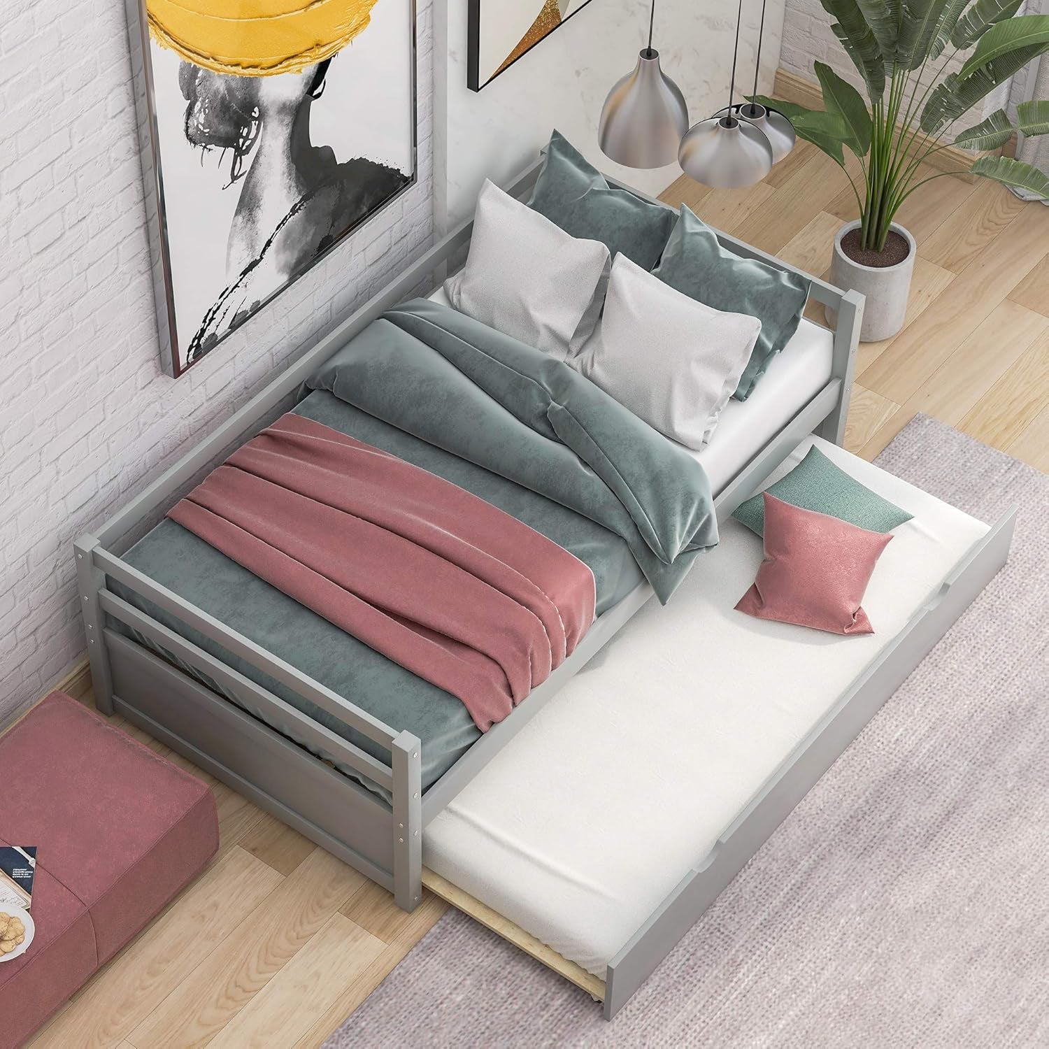 Twin Size Daybed with Trundle Bed Frame Set Wood Daybed for Living Room, Guest Room, Bedroom