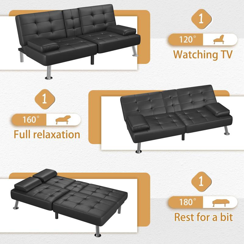 【Black Friday】Homall Futon Sofa Bed Faux Leather Couch Modern Convertible Folding Recliner with 2 Cup Holders