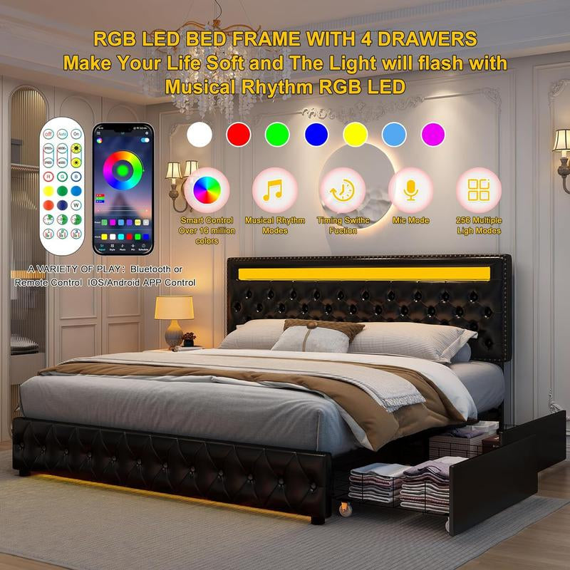 Queen LED Smart Bed Frame with 4 Storage Drawers, RGBW LED Lights Headboard & Footboard, DIY Color Control, Box Spring Optional, PU Leather Black