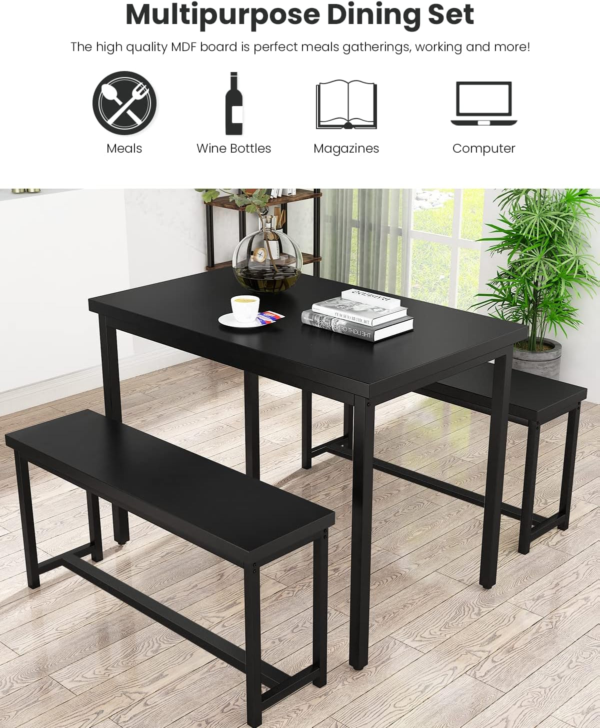 47” Dining Table Set with Benches, 3 Pieces Dining Room Table Set for 4, Wood Kitchen Table and Chair Set with Sturdy Frame, Space Saving Dinette Set for Breakfast Nook, Black