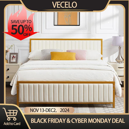 VECELO Upholstered Bed Frame Twin Queen Full Size Bed Frame with Tufted Leather Headboard & Footboard,No Box Spring Needed, Heavy Duty Strong Metal Steel Slats Platform Bedframe