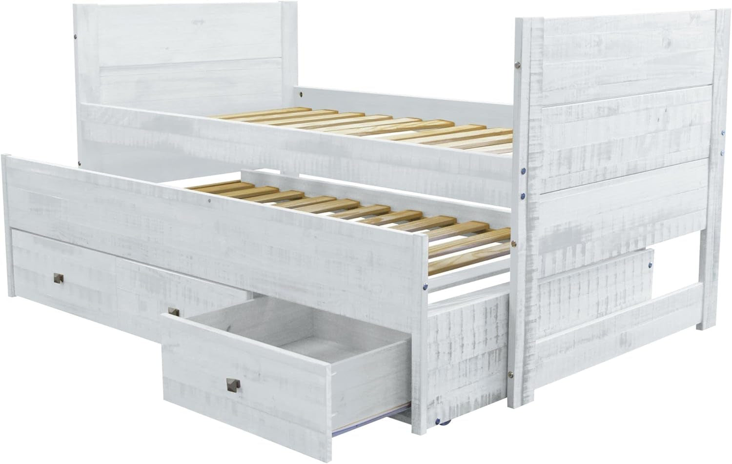 All in One Twin Bed with Twin Trundle and 3 Built in Drawers, Rustic White