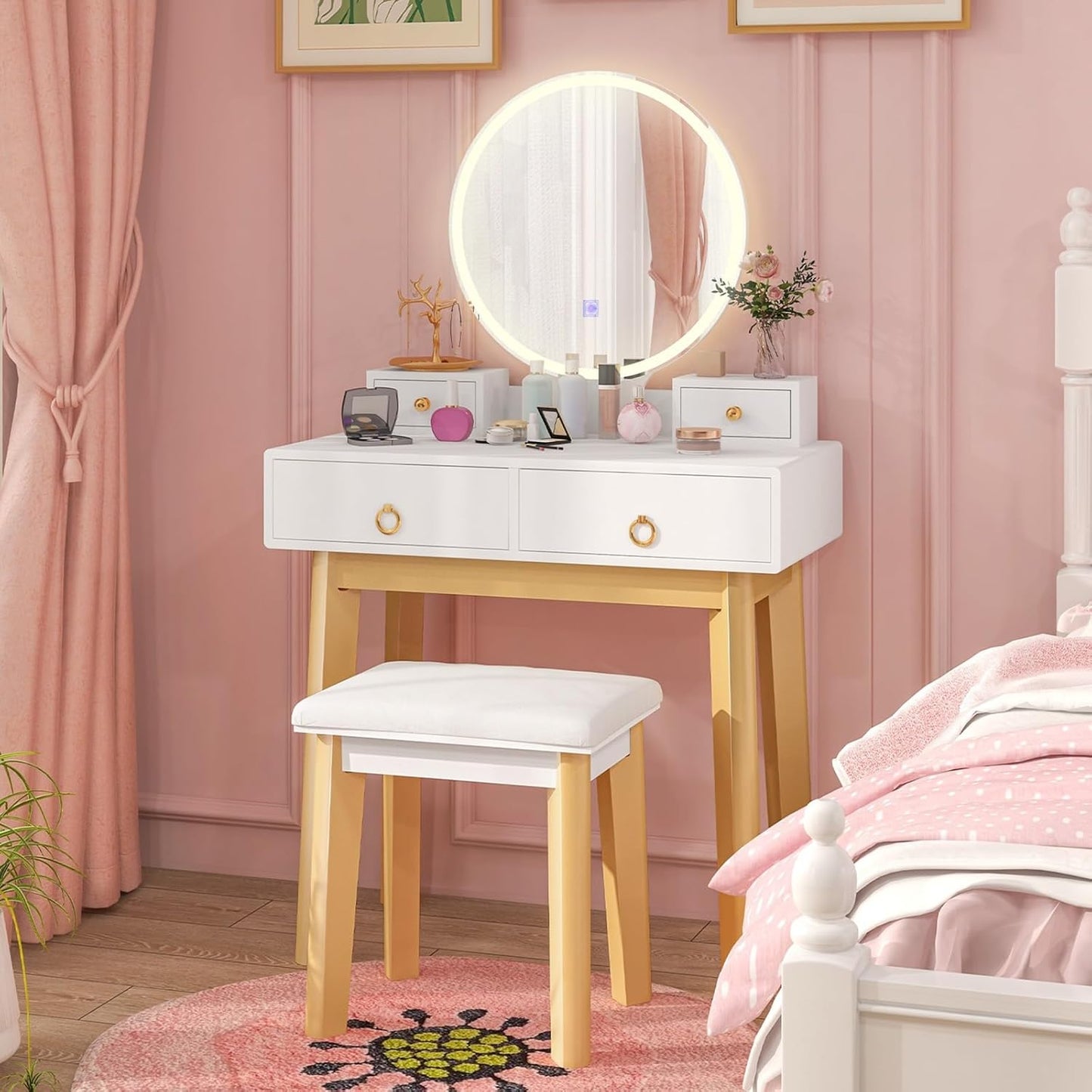 Vanity Desk with Mirror and Lights, White Makeup Vanity Desk with 4 Drawers, 3 Color Lighting Modes, Adjustable Brightness, Modern Dressing Table with Vanity Stool for Girls Small Bedroom