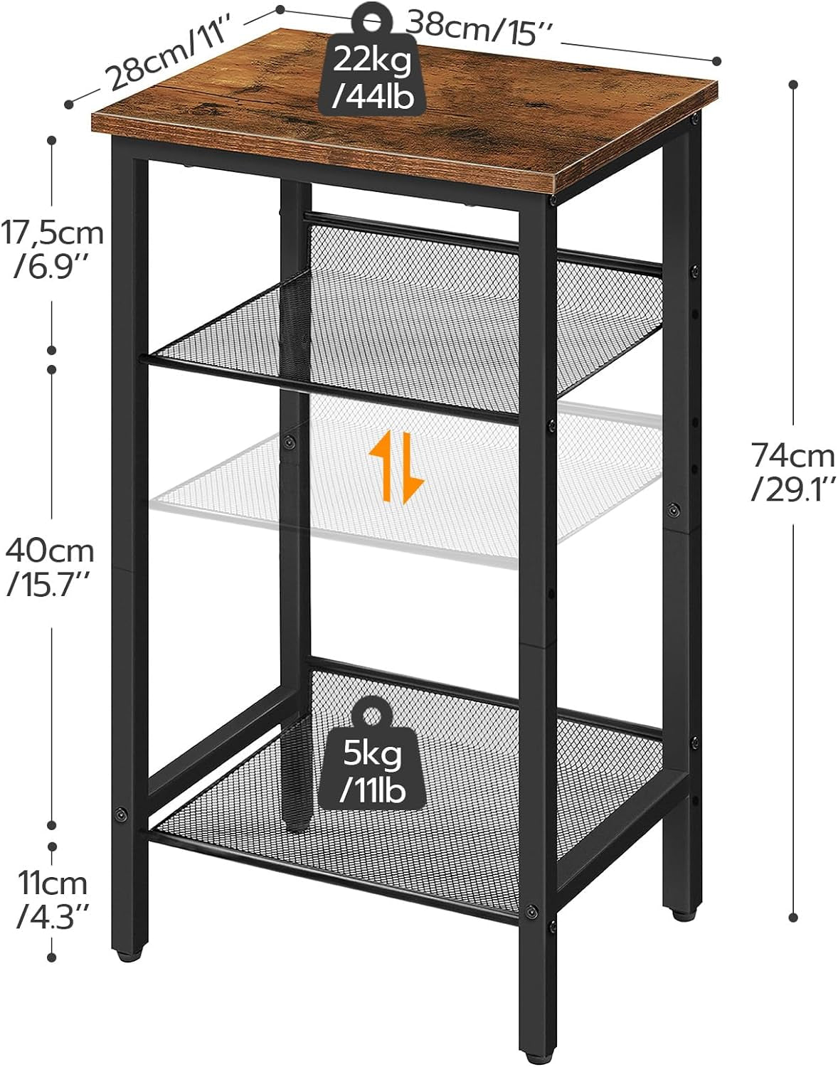 Side Table, 3-Tier Tall End Telephone Table with Adjustable Mesh Shelves, Small Entry Table for Living Room Bedroom Hallway or Office, Rustic Brown and Black BF01DH01G1