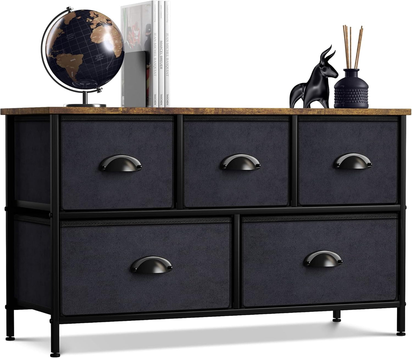 Dresser with 5 Drawers - Storage Chest Organizer Unit with Steel Frame, Wood Top, Easy Pull Fabric Bins - Long Wide TV Stand for Bedroom Furniture, Hallway, Closet & Office Organization