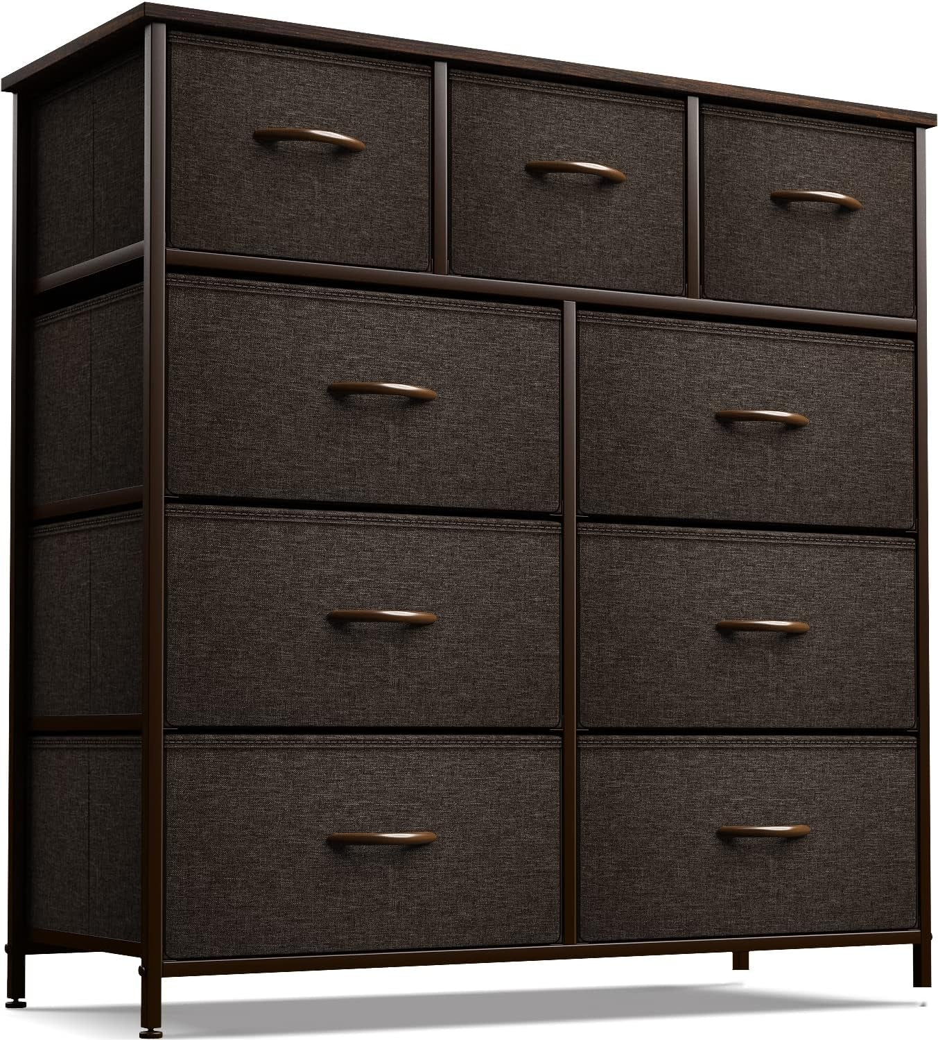 Dresser with 9 Drawers - Furniture Storage Chest Tower Unit for Bedroom, Hallway, Closet, Office Organization - Steel Frame, Wood Top, Easy Pull Fabric Bins (Brown)