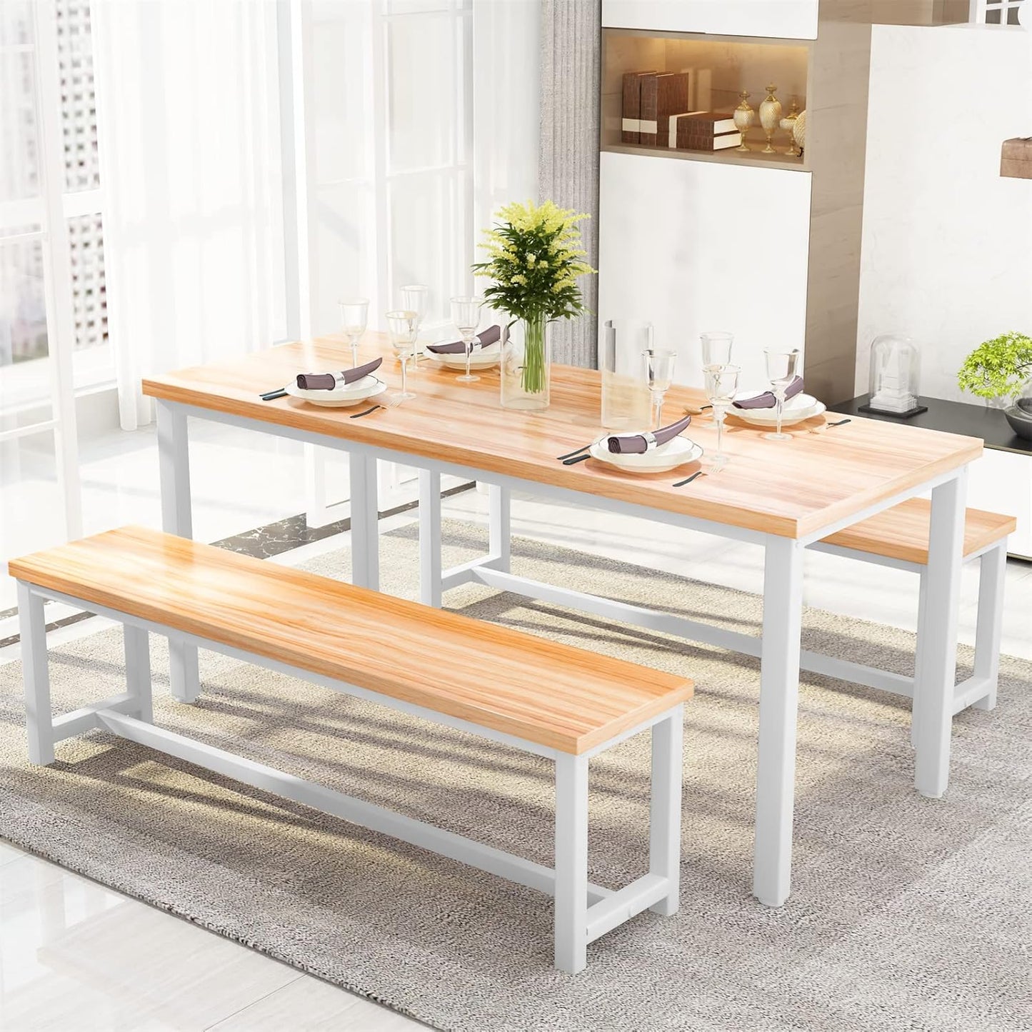 47” Dining Table Set with Benches, 3 Pieces Dining Room Table Set for 4, Wood Kitchen Table and Chair Set, Space Saving Dinette Set for Breakfast Nook, Dining Room, Beige