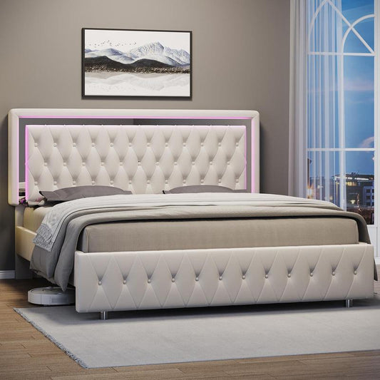 【Holiday Deal】Amerlife LED Bed Frame with Led Lights Adjustable Headboard Velvet Button Tufted/Acrylic Mirror Accents, No Box Spring Needed