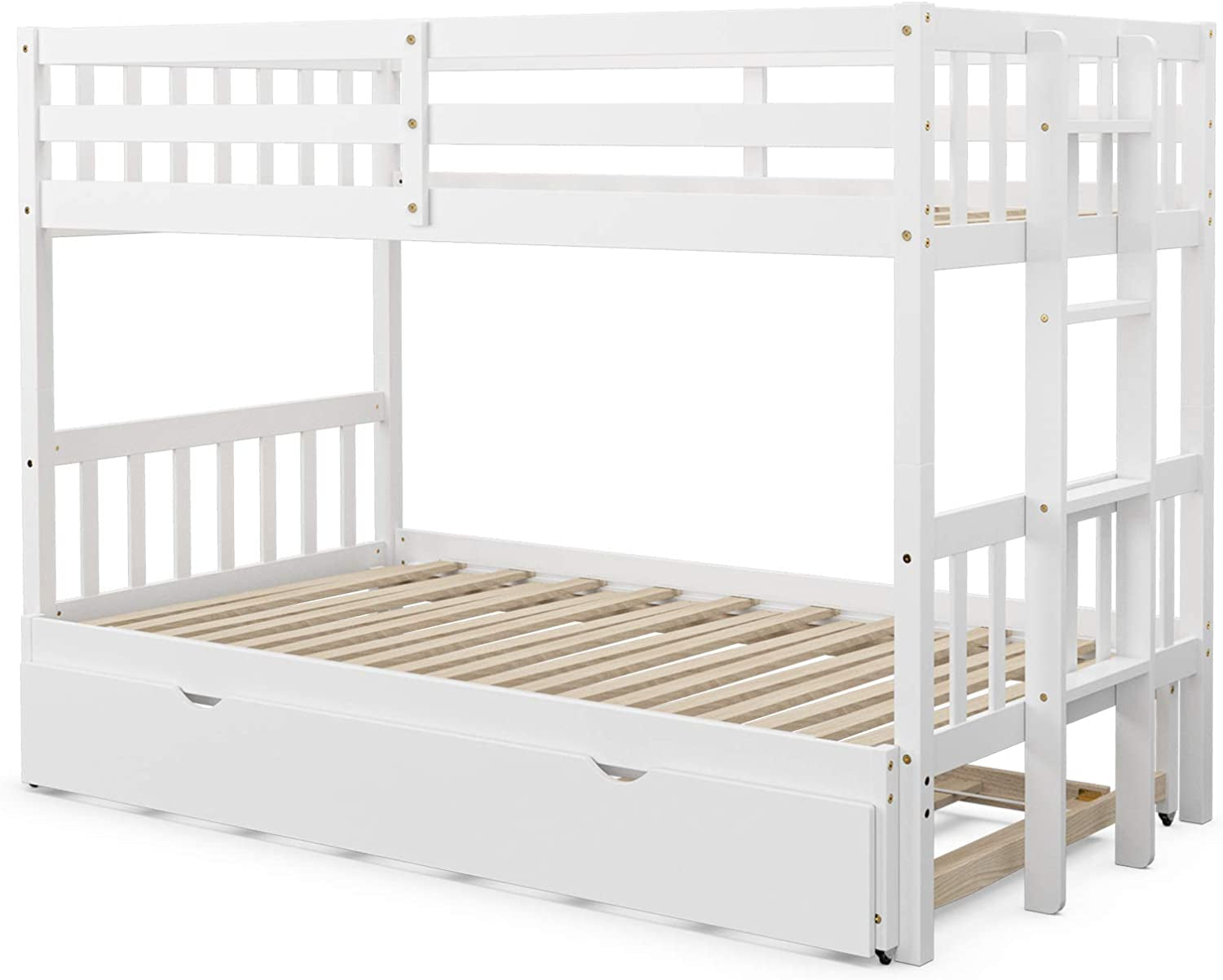 Twin over Pull-Out Bunk Bed with Trundle, Extendable Twin/Full/Queen/King Bunk Bed, Solid Wood Bunk Bed with Ladder and Safety Rail, Wooden Bunk Beds for Kids Adults Teens, White